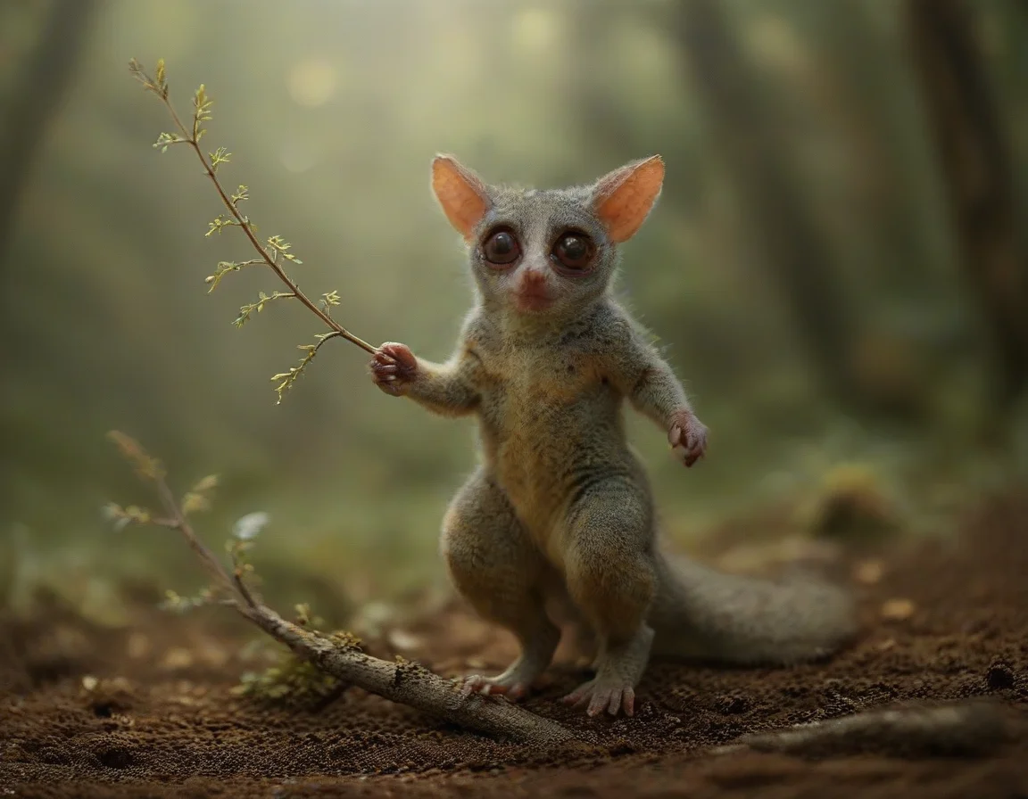 In a lush forest, a galago leaps gracefully among the trees. The air is alive with the whispers of magical creatures—glowing fairies flit between branches, while shimmering sprites dance on the leaves. The harmony of nature and enchantment creates a breathtaking scene, where the ordinary meets the extraordinary.