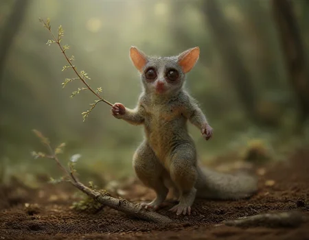 In a lush forest, a galago leaps gracefully among the trees. The air is alive with the whispers of magical creatures—glowing fairies flit between branches, while shimmering sprites dance on the leaves. The harmony of nature and enchantment creates a breathtaking scene, where the ordinary meets the extraordinary.
