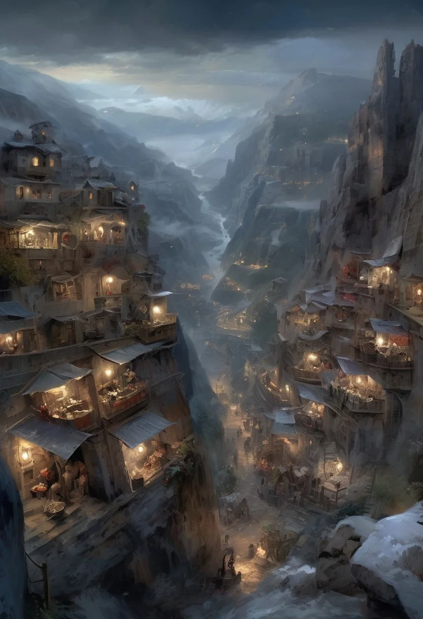 Landscape oil painting, the viewer looks down a mountain canyon into a vast city that clings to the cliffs,, the city is constantly rain drenched and the lights of the city stand out amongst the blues and greys of the painted houses,, bright throughfares are crowded with people giving the air of chaotic community,, frostpunkai, 4K uhd, masterpiece, high detail, 8k, intricate, detailed, high resolution, high res, high quality, <lora:add-detail-xl:1.8>, highly detailed, Extremely high-resolution details, fine texture
