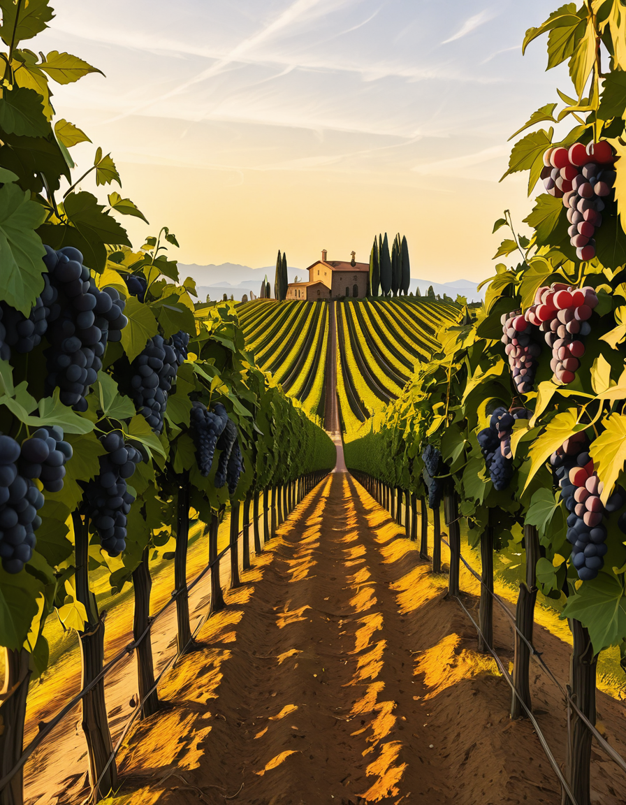 A breathtaking vineyard stretching across rolling hills, bathed in the warm golden light of late afternoon. The neatly aligned rows of grapevines are lush and vibrant, their deep green leaves contrasting with the rich, fertile soil beneath them. The vines are heavy with ripe, plump grapes in shades of deep purple and rich green, glistening under the sunlight. In the background, a rustic stone farmhouse with a terracotta roof sits atop a small hill, surrounded by tall cypress trees. A narrow dirt path winds through the vineyard, leading towards the farmhouse. The sky is a soft blue with wispy clouds scattered across the horizon. In the distance, a range of low mountains adds depth to the landscape. The atmosphere is peaceful and idyllic, evoking the charm of a traditional wine-growing region like Tuscany or Bordeaux. 
<lora:SDXLFaeTastic2400:0.4> <lora:extremely_detailed:0.4> extremely detailed
,v1n3y4rd <lora:v1n3y4rd-i:1>, Masterpiece,best quality,hi res,8k,hi res,8k,award winning,(sharp focus, intricate, highly detailed),