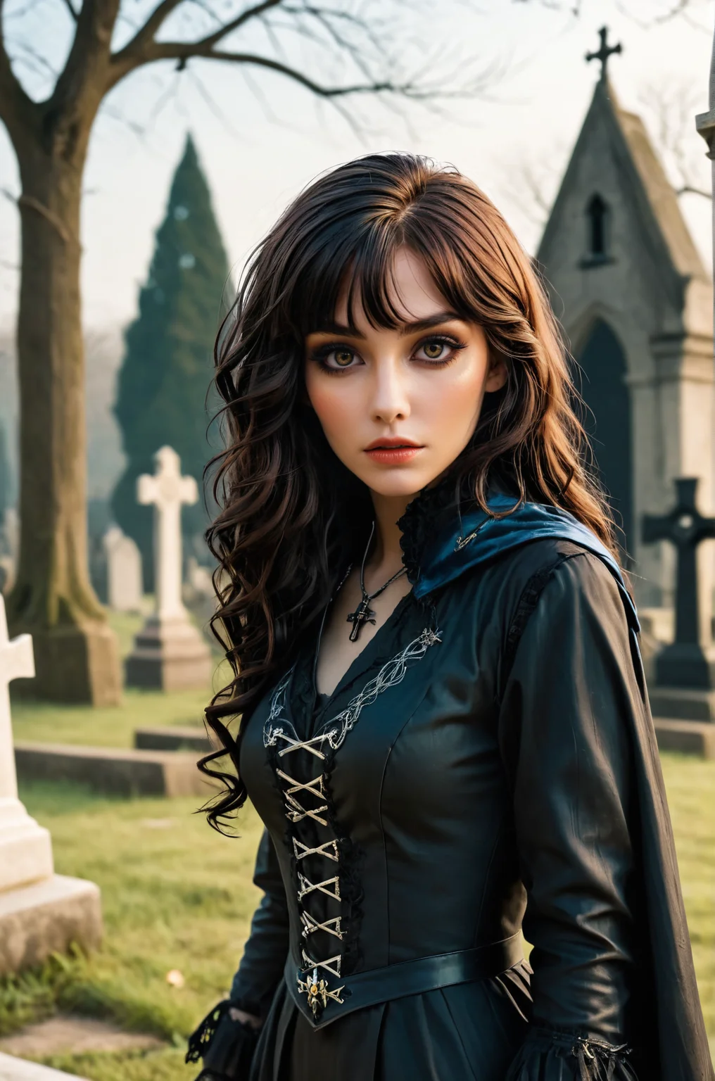 breathtaking female necromancer in a graveyard, atmospheric, cinematic, high detail, masterpiece, gothic <lora:Zoe_SDXL_1:0.75> z03c. award-winning, professional, highly detailed