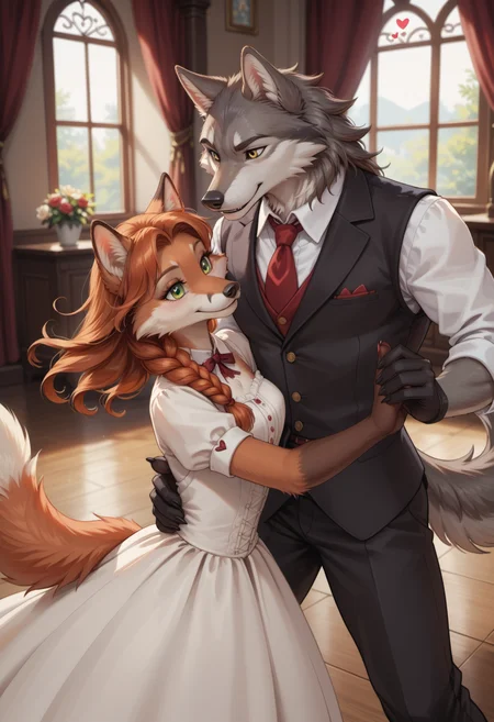 score_9, score_8_up, score_7_up, source_furry, rating_safe, detailed,
vintage, retro, victorian era, valentine theme,
indoors, mansion, fancy interior,
1girl, 1boy, (dynamic angle:1.2), romantic couple, cople focus,
furry female, (anthro fox girl:1.2), beautiful fox, cute fox, adult, beautiful face, detailed face, perfect eyes, detailed eyes, green eyes, orange hair, single braid, (detailed hand), (good hand), (5 fingers),
furry male, (anthro male gray_wolf:1.2), wolf male, muscular wolf, dominant wolf, yellow eyes,
formal clothes, old-fashioned clothes, sleeves rolled up,
dancing, classic dance, dynamic pose, action pose, in motion, (looking at another:1.2), eye contact, holding hands, outstretched hands, happy, happy expression, (love:1.3), lovestruck, (flying hearts:1.3),