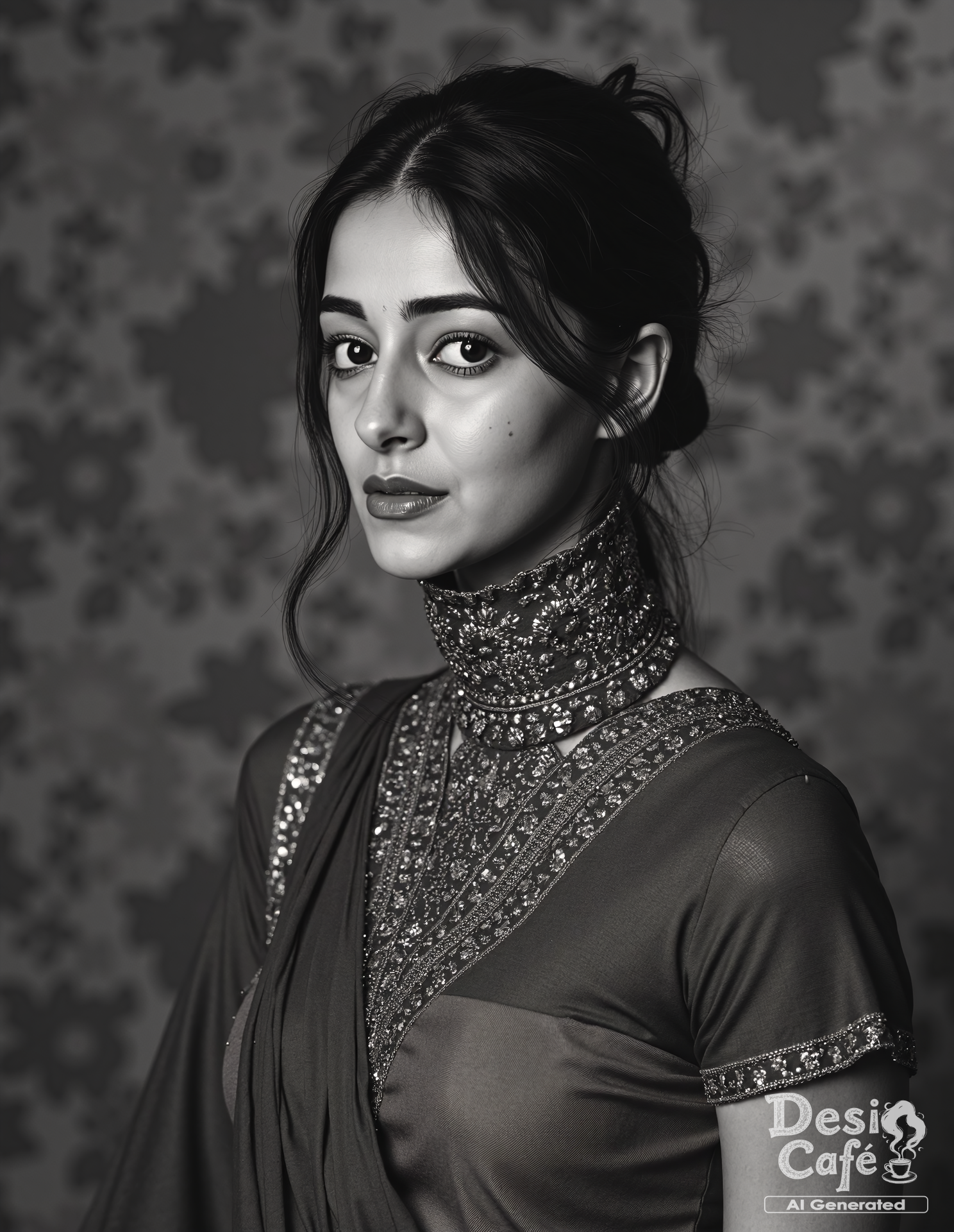 vintage greyscale photo of Ananya Pandey woman, hyper realistic photo that is safe for work,  studio quality image, well dressed wearing intricate turtleneckDhoti Saree, hair styled as messy pixie,muted shaded wallpaper background that contrasts with the person, cinematic lighting,âââââ <lora:Ananya_Pandey_Flux_Kohya_V1:0.8>âââ