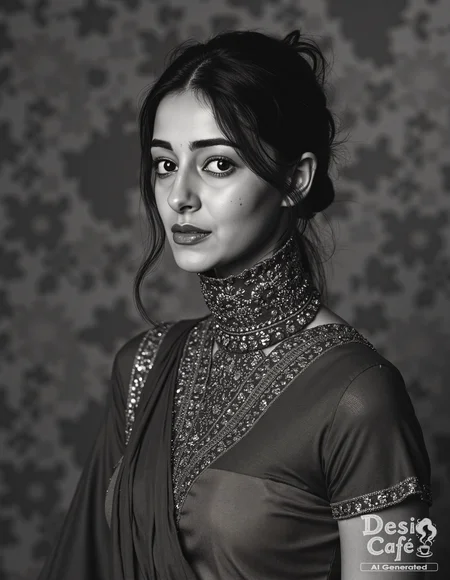 vintage greyscale photo of Ananya Pandey woman, hyper realistic photo that is safe for work, studio quality image, well dressed wearing intricate turtleneckDhoti Saree, hair styled as messy pixie,muted shaded wallpaper background that contrasts with the person, cinematic lighting,âââââ <lora:Ananya_Pandey_Flux_Kohya_V1:0.8>âââ