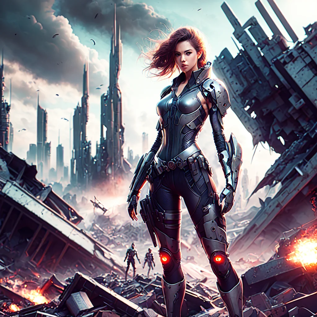 photo, a woman in a futuristic outfit standing in front of a destroyed city (MechAssassin style:1) <lora:djzMechAssassinV21:0.8>