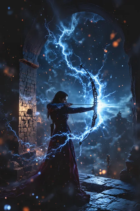 A star-touched warrior practices archery in a magical observatory. Her arrows are made of pure starlight, leaving trails of cosmic energy with each shot. Magical star maps serve as her training targets, with constellations moving and shifting to challenge her skills. Floating magical telescopes observe and analyze her technique. , detailed background Fantastic lighting. Detailed shadows.intricate details, vivid colors, hyper-detailed, ultra-sharp, , <lora:OBInstant camera portrait photography V2.0:1.0>, <lora:Dark side of light:0.55>, <lora:aidmaFLUXPro1.1-FLUX-v0.3:1.0>, <lora:Glitchcore_Flux:0.8>,
