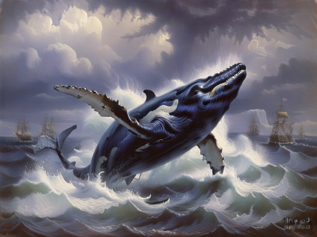a great whale surfaces from a stormy sea,art by llbreton,  <lora:LLBretonXL2:1>