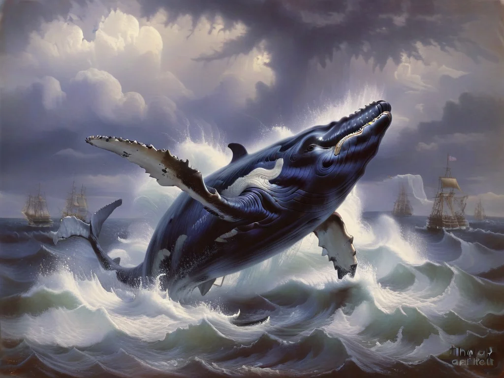 a great whale surfaces from a stormy sea,art by llbreton, <lora:LLBretonXL2:1>