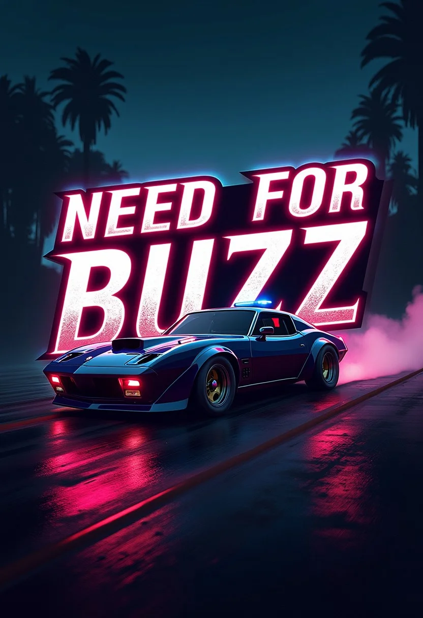 need for speed style lettering with the text "Need For Buzz", police lights on the background, tire tracks, racing style logo,
