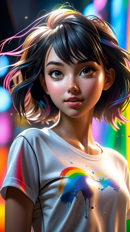 cinematic photo crazy insane, high energy, magic, hyper realistic, detailed and realistic portrait of a woman, cartoon style, round eyes and short messy hair shot outside, wearing a white t shirt, skin texture, chapped lips, soft natural lighting, portrait photography, 85mm lens, magical photography, dramatic lighting, photo realism, ultra-detailed, intimate portrait composition, Cinestill 800T, front light, (open mouth), smiling, atletic small waist, (((masterpiece))), ((best quality)), (((8k photography)), ((hands on face)), (elegant, beauty), ((blushed)), ((beautiful light gray eyes)), ((sexy goth girl, pure delicate innocent face)) and (smooth detailed face), (((hyper realistic))), ((black hair))), (blunt bangs), (symmetrical legs), symmetrical perfect body, sharp focus, (volumetric lighting), intricate details, rainbow paint, a girl made entirely out of rainbow paint, entirely paint, 1girl, (intricate details, hyperdetailed:1.15), gorgeous lighting, rainbow, paint splatter, splashes, very rainbow, very colorful, neon, paint drops, rainbow paint background, colorful background, ((high detailed skin, 8k uhd, dslr, soft lighting, high quality, film grain, Fujifilm XT3, HD, Sharp)), (canon 50mm) intricate details photorealistic . 35mm photograph, bokeh, professional, 4k, highly detailed, A glitched-out (anime girl:1.3) dances across the screen, her movements and form constantly shifting and (deconstructing:1.2), embodying the dynamic essence of (breakcore:1.2), dynamic essence:1.1, cute red cheeks