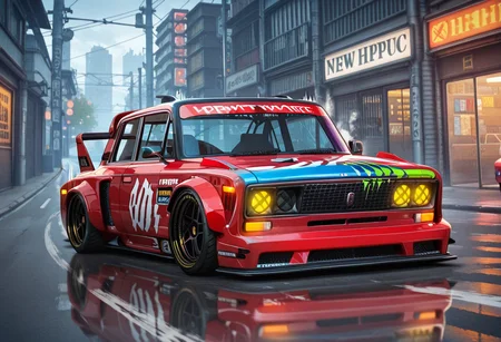 masterpiece, best quality, Graphic Design, color art, vibrant colors, colorful, intricate details, high contrast, detailed background, beautiful detailed, beautiful face, detailed eyes, detailed face, new, newest, no humans, vehicle focus, zh1g4, car, street, red car, stance (vehicle), spoiler (automobile), street, neon, sports car, drifting,
tire smoke, anime, motion lines, speed effect,