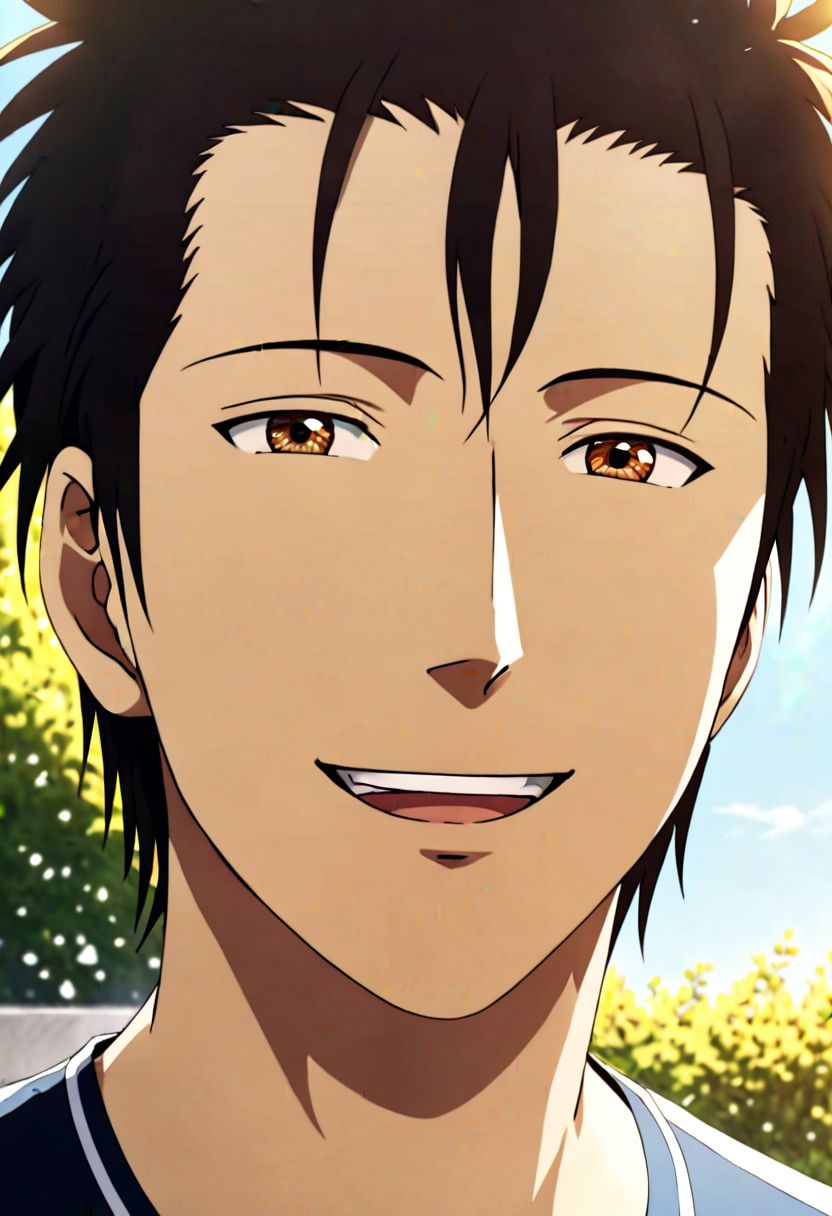 Highres, Masterpiece, High Quality, 4K, 8K, solo, 1Boy, Soujirou Agata, brown eyes, black hair, sunny weather, sunshine, potrait, laughing, looking at viewer, easynegative, detailed_eye_model