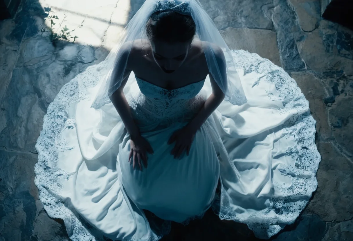cinematic still frame close-up of a deathly pale bride kneeling on a stone floor, face focus, from above, white lace wedding gown, veil, blue eyes, blank facial expression, detailed skin, photorealistic, low light, shadows, creepy atmosphere, style of gothic horror films <lora:corpse:0.8>