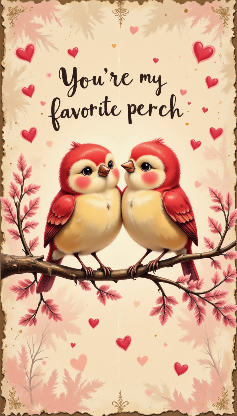 pinkvintagevalentine,
Two adorable birds sitting close together on a branch, surrounded by tiny pink hearts, with the message âYouâre my favorite perch.â