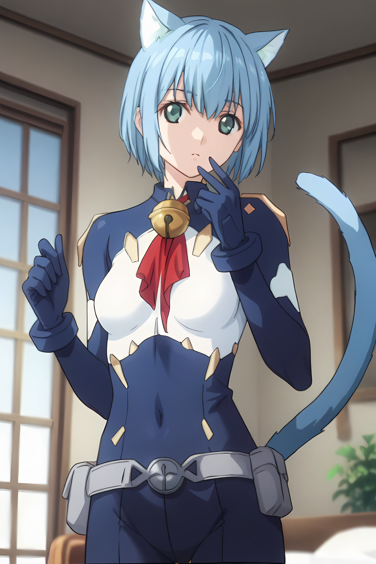 (blue bodysuit belt gloves:1.50), cpc-melwin, blue hair, short hair, hair between eyes, aqua eyes, cat ears, cat tail, neck bell, collar, 
medium breasts, 1girl, solo, skinny, (source_anime, score_9, score_8_up, score_8, score_7_up), score_7, score_6_up, score_6, score_5_up, score_5, 
(:1.10),
(indoors:1.10),
(straight-on:1.60), (:1.20),
<lora:cpc-melwin-V02-000003:1.00>