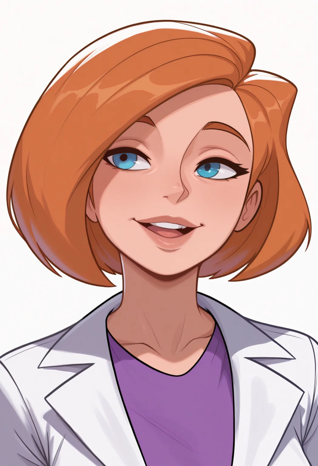 1girl, solo, white background, portrait, smile, lips, mature female, upper teeth only,
blue eyes, orange hair, short hair, bob cut,
lab coat, long sleeves, purple shirt,
masterpiece, best quality, <lora:annpossible-guy90-Illust-LoraV1:1>, elbnna