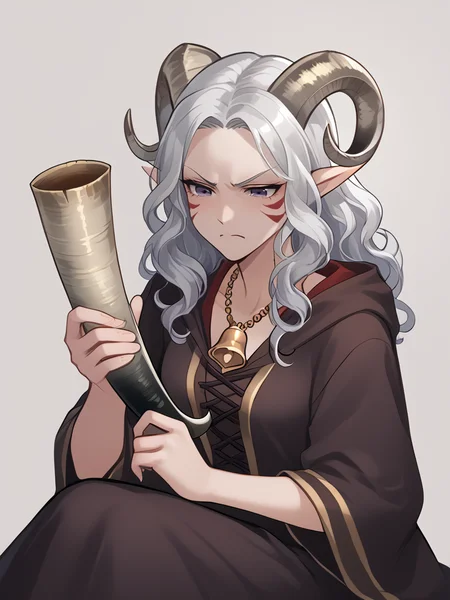 source_furry, score_7_up, rating_safe, sitting,
anime face,<lora:whisker_markings:0.8>red whisker_markings, silver long wavy hair, bell necklace, short pointy ears, purple eyes, <lora:age_slider_v4:0.6>
<lora:Smooth Style 2 SDXL_LoRA_Pony Diffusion V6 XL:0.3>
<lora:Test_Diana:0.8> tiefling_bard_diana, <lora:INKxXmo shaded face:0.5> INKxXmo Dark Theme, angry face,
<lora:horn_instrument:1> viking_horn:1.7, viking_horn, holding instrument, cone:1.3, viking_horn,