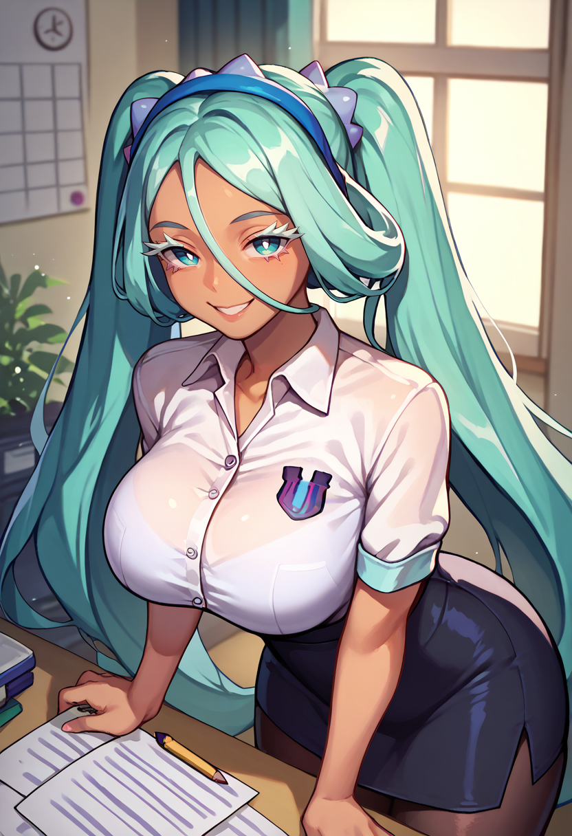 score_9, score_8_up, score_7_up, solo, 1girl, watermiku, tan, smile, looking at viewer, twintails, colored eyelashes, white shirt, collared shirt, black skirt, pencil skirt, black pantyhose, large breasts, indoors, office <lora:projectvoltage_watermiku_ponyXL:1>