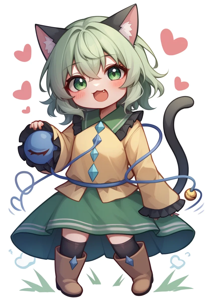 score_9,score_8_up,score_7_up,<lora:komeiji_koishi:1>,1girl,black_thighhighs,blush,boots,cat_ears,cat_girl,cat_tail,chibi,diamond_button,fang_out,frilled_shirt_collar,frilled_sleeves,green_eyes,green_skirt,green_hair,heart_in_eye,komeiji_koishi,motion_lines,open_mouth,paw_print,solo,third_eye,white_background,yellow_sweater,