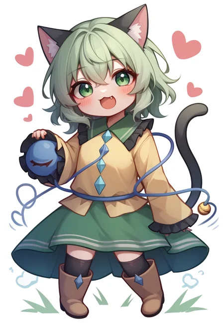 score_9,score_8_up,score_7_up,<lora:komeiji_koishi:1>,1girl,black_thighhighs,blush,boots,cat_ears,cat_girl,cat_tail,chibi,diamond_button,fang_out,frilled_shirt_collar,frilled_sleeves,green_eyes,green_skirt,green_hair,heart_in_eye,komeiji_koishi,motion_lines,open_mouth,paw_print,solo,third_eye,white_background,yellow_sweater,