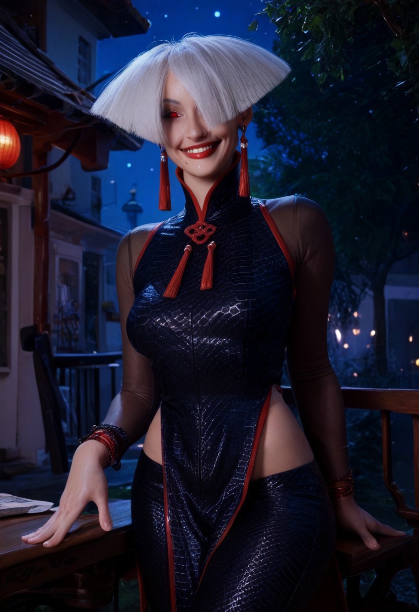 score_9, score_8_up, score_7_up, (zPDXL3), d3t41l3d, RAW, 8k, very sharp, sharp focus,((woman looking at viewer)), (smug, smirk:0.3), (stylish hair, beautiful, (evil grin:0.7),score_9,score_8_up,score_7_up,score_6_up,score_5_up,score_4_up, akixl,white hair,red eyes,red lips,earrings,smile, black chinese clothes,see-through long sleeves,pelvic curtain,pants, outdoors,night, <lora:AKI:0.8>,solo,<lora:Dynamic Poses:1>