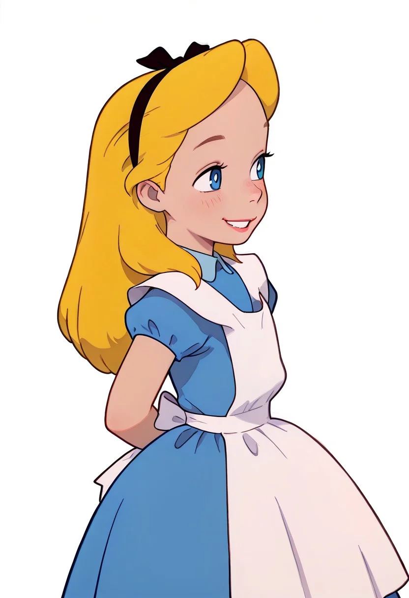 Score_9, Score_8_up, Score_7_up, Score_6_up, Score_5_up, Score_4_up, (masterpiece, best quality:1.2), soft_lighting, soft_skin_tone, possmach, no lineart,
BREAK
focus on face, 1girl, blonde hair, blue eyes, white pupils, hairband, sunny, blue dress, mischievous grin,
BREAK
white background, simple background