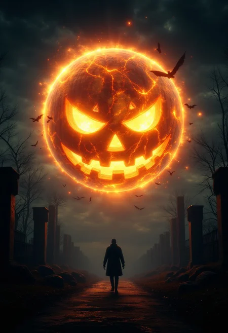 A massive, glowing jack-o-lantern replaces the moon in a starry night sky, its carved face illuminated with an eerie, mischievous grin. The pumpkin radiates an orange and yellow light, casting a warm, spooky glow over a haunted landscape below. Silhouettes of twisted trees and ancient ruins frame the scene, while wispy clouds drift across the sky, partially obscuring the pumpkin moon. Bats flit through the air, enhancing the Halloween vibe. The atmosphere is both magical and haunting, creating a stunning, high-quality, cinematic image