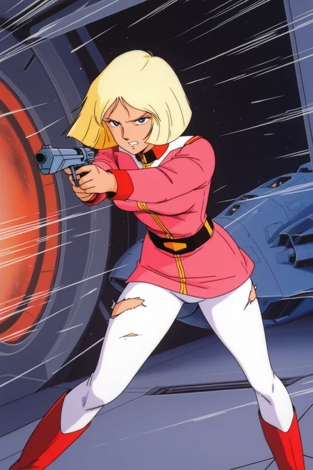 masterpiece, best quality, amazing quality, absurdres, saylamass79, blonde hair, solo, serious, clenched teeth, fighting stance, hurt, wounded, aiming, holding gun, pink military uniform, white pants, torn clothes, red boots, large breasts, upper body, indoors, spacecraft, science fiction, action lines, speed lines, retro artstyle