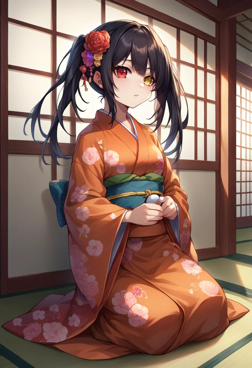 score_9, score_8_up, source_anime, 1girl, solo, TokisakiKurumi, black hair, twintails, heterochromia, red eye, yellow eye, clock eyes, indoors, kimono, hair flower, floral print, wariza, kneeling, <lora:ChamTokisakiKurumiPonyXL-000008:1>