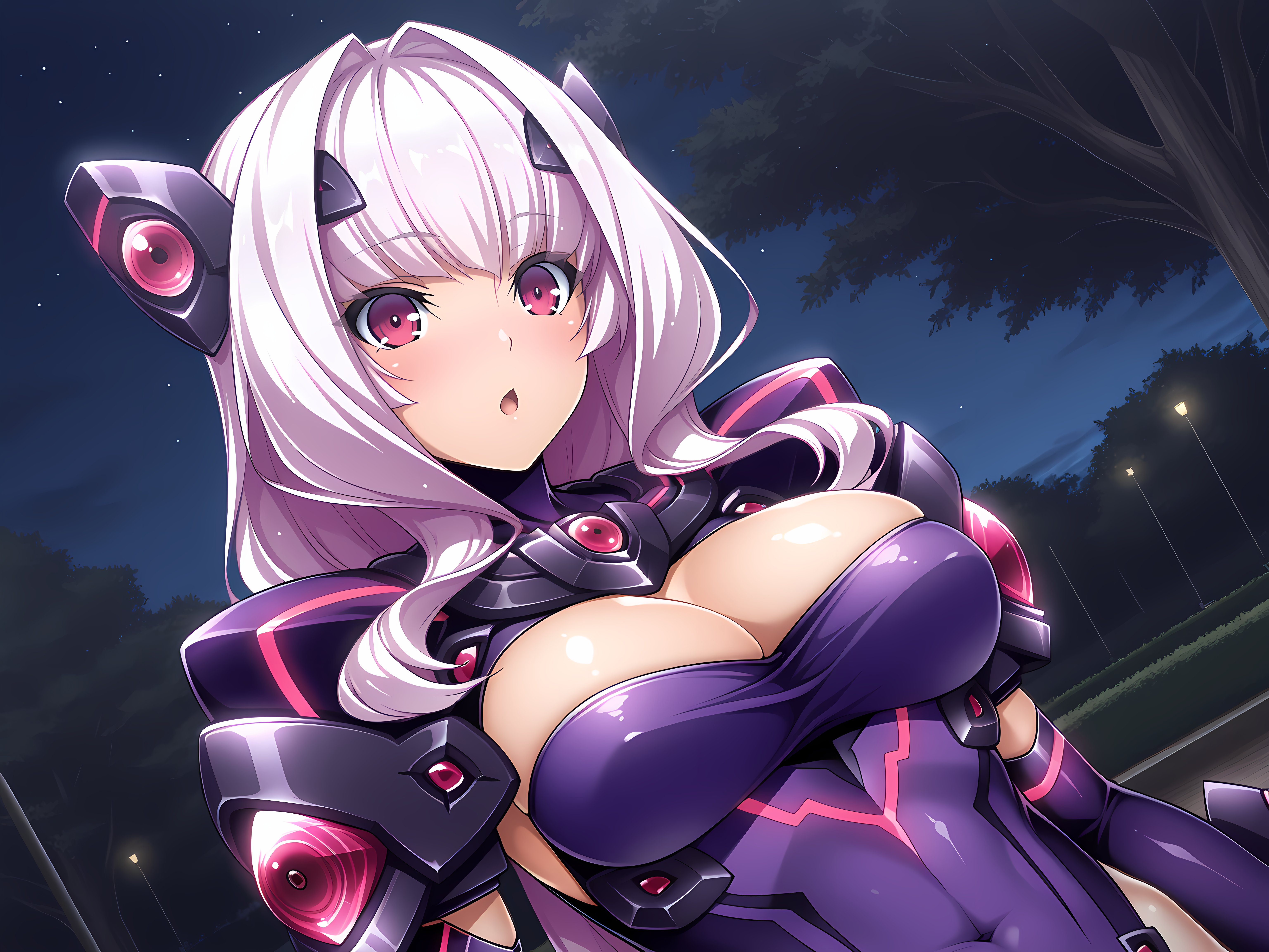 <lora:Azarin_Illustrious:0.8>,gamma,exs slave,1girl,solo,lusterise,large breasts,blush,:o,outdoors,park,, masterpiece,best quality,amazing quality,