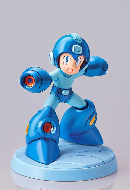 PVC figure, rendering, (((full body))), (((megaman, rockman, mega, rock, arm cannon, blue and cyan armor, helmet, classic, 1boy, kid, child, male))), solo, 1boy, Precise hands, insanely detailed, perfectionism, max detail, hard edge, hyperrealism, Highest quality eyes, on a circular stand, blank grey background,