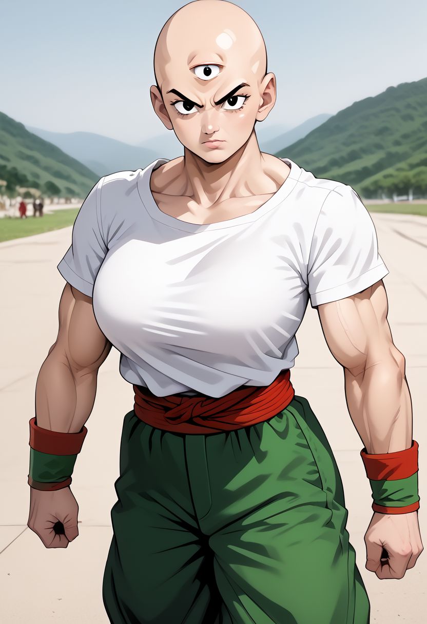 score_9, score_8_up, score_7_up, zPDXL, photorealistic, masterpiece, BREAK genderswap \(mtf\), tien, solo, 1girl, large breasts, third eye, bald, black eyes, muscular female, looking at viewer, serious expression, white t-shirt, green pants, green wristband, red sash, yellow leg warmers, black flats, outdoors
