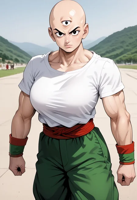 score_9, score_8_up, score_7_up, zPDXL, photorealistic, masterpiece, BREAK genderswap \(mtf\), tien, solo, 1girl, large breasts, third eye, bald, black eyes, muscular female, looking at viewer, serious expression, white t-shirt, green pants, green wristband, red sash, yellow leg warmers, black flats, outdoors