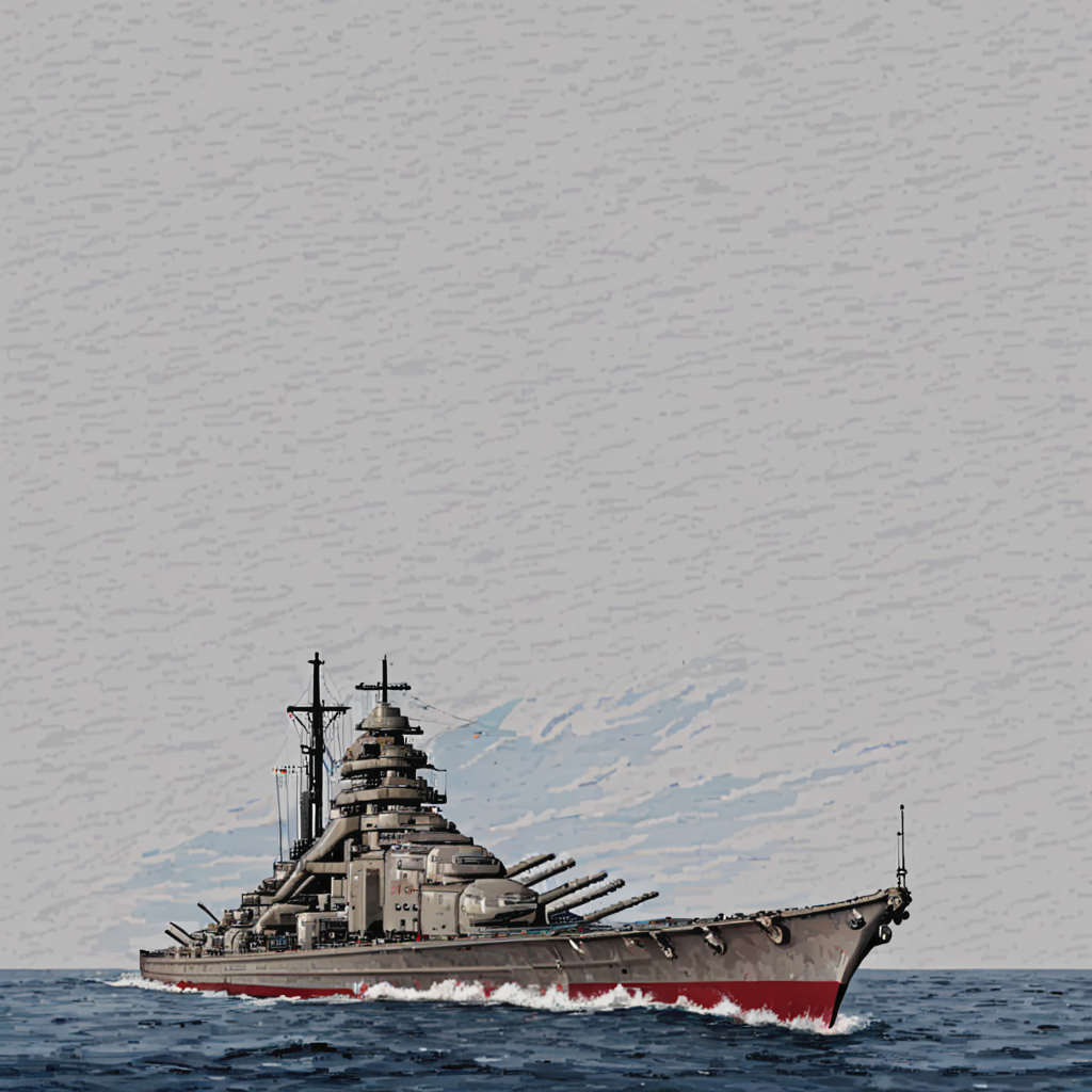 bsmrck battleship is cruising on the open ocean, ((pulp_comic, heavy_lines, hand_drawn, hand_inked, hand_colored, apxlz))