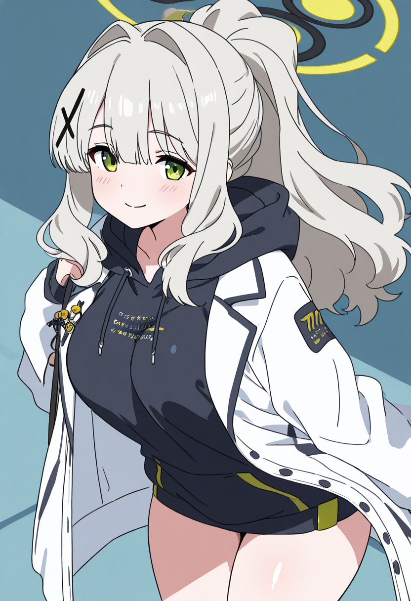masterpiece, best quality, solo, curvy, beautiful eyes, narrow waist, wide hips, 1girl, solo, smile, looking at viewer,   zzHare, green eyes, grey hair, long hair, ponytail, x hair ornament, hair between eyes, green halo, hair intakes,  black hoodie, open clothes, white jacket,  <lora:OmagariHareBlueArchive_IXL_v1:1.0>, , cowboy shot, leaning forward, smile, looking at viewer, shiny skin,