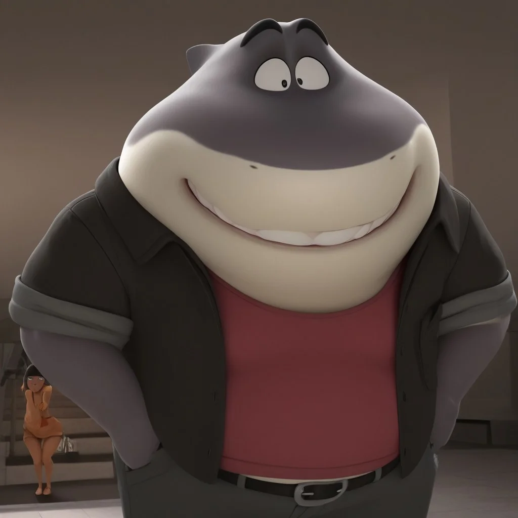 Masterpiece, High quality, amazing quality, Mr_shark, anthro, fat, wide open eyes, bust shot, clenched teeth, smile, 3d, standing, belly