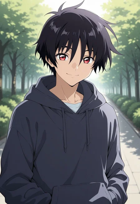 masterpiece,best quality,amazing quality, source_anime,
ShinnAsuka, 1boy, male focus, solo, red eyes, black hair, hoodie, hood, smile, outdoor,