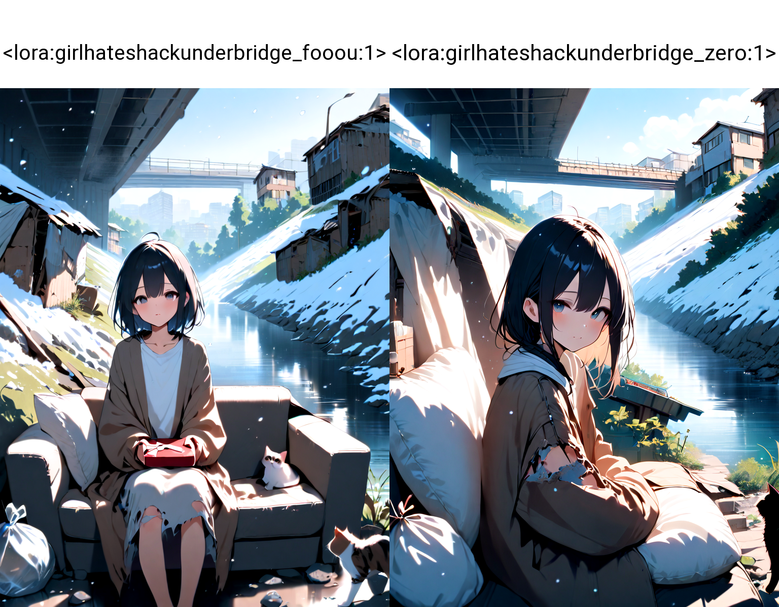 masterpiece, high score, great score, absurdres, shack under bridge, deep shadow, 1girl, sitting on sofa, blanket, open jacket, torn clothes, oversized clothes, cat, box, fog, city, tree, rock, weeds, ruins, river, water, building, scenery, outdoors, trash bag, snow, snowing, upper body, hand own hands together, (((incoming gift))),<lora:girlhateshackunderbridge_fooou:1>