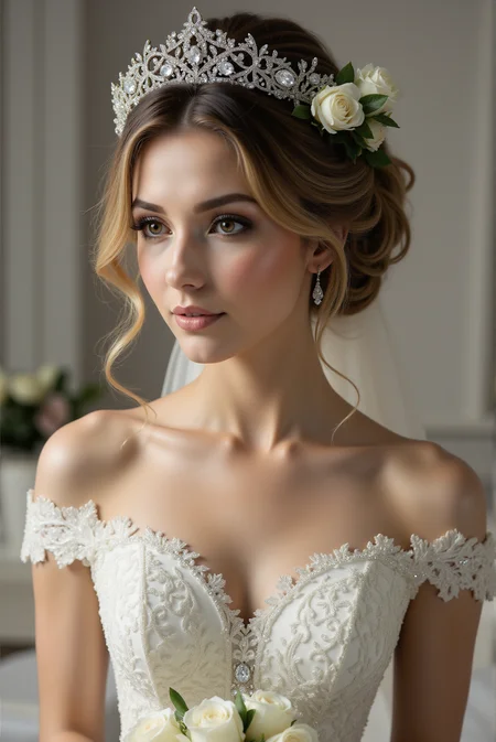 <lora:FFS_v.5:0.8> FFS style. This photograph captures a stunning, close-up portrait of a young woman in a sophisticated, bridal setting. The subject is dressed in an elaborate, white, off-the-shoulder wedding gown adorned with intricate lace and beadwork. The dress features delicate, lace appliqués that shimmer with silver embellishments, creating a sense of elegance and refinement. Her hair is styled in a romantic updo with loose, wavy locks cascading down her back, adorned with a beautiful, ornate tiara that boasts intricate detailing and a few white flowers. The tiara is embellished with small, round gemstones that catch the light, adding a touch of sparkle. A delicate, flowing veil cascades down her back, blending seamlessly with her hair. The woman's skin is smooth and radiant, with a soft, golden undertone. Her makeup is subtle yet striking: her eyes are accentuated with a smokey eye and eyelash extensions, while her lips are painted a natural pinkish nude.