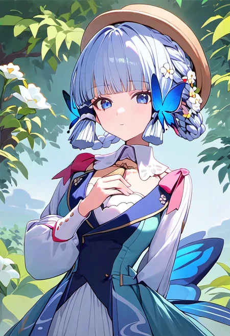score_9,score_8_up,score_7_up, kamisato_ayaka_(springbloom_missive), highres, 1girl, genshin_impact, official_alternate_costume, blue_eyes, butterfly_hair_ornament, blue_dress, hair_flower, blunt_bangs, official_alternate_hairstyle, light_blue_hair, brown_headwear