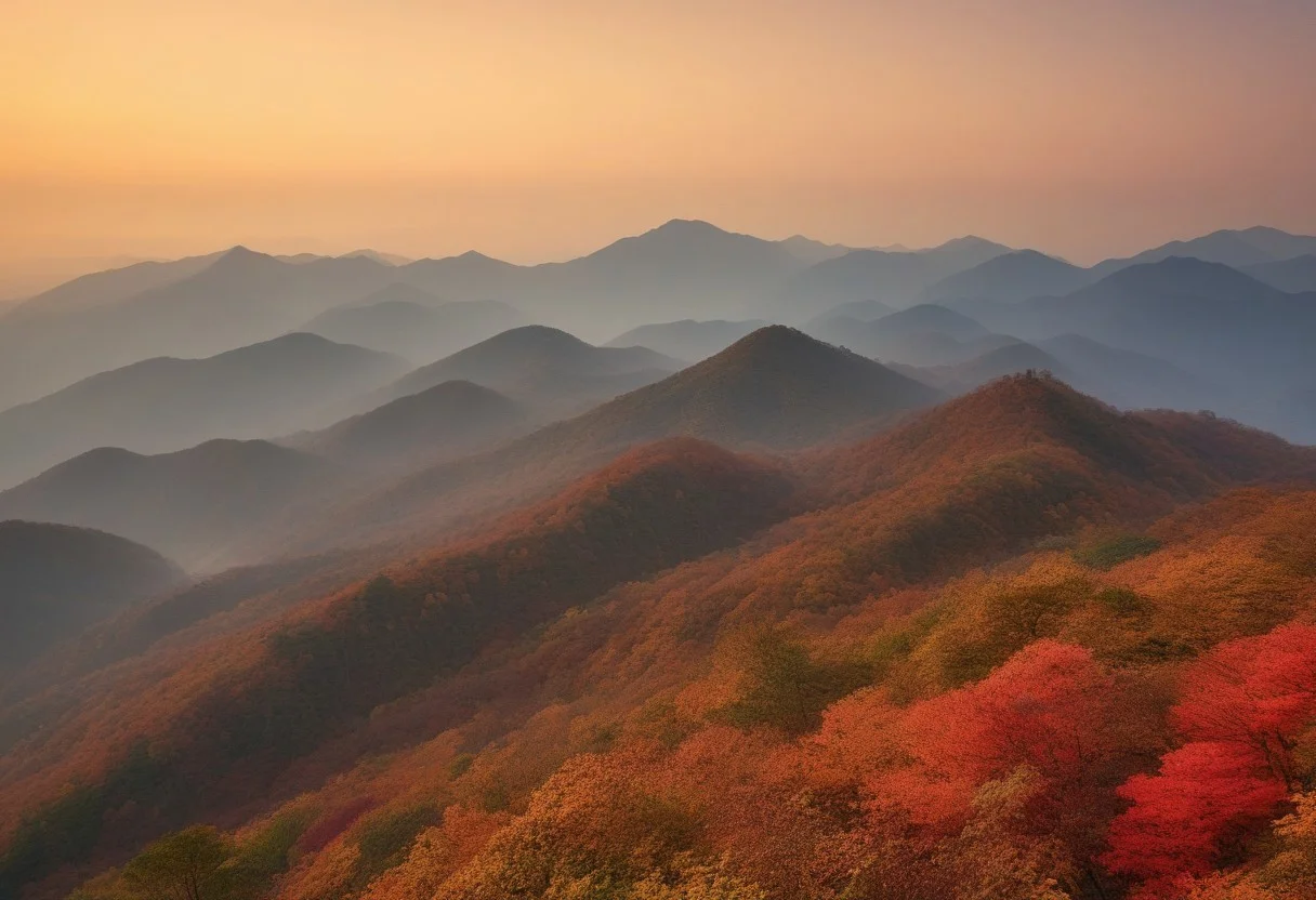Seoraksan Mountain bathed in the warm glow of autumn, vibrant foliage in shades of orange, red, and yellow, nestled in the foothills, mist weaving through the valleys, majestic peaks in the background under a soft, hazy light, golden hour, high dynamic range photography, luminescent ceosome lighting, crisp autumnal atmosphere, ultra fine details.