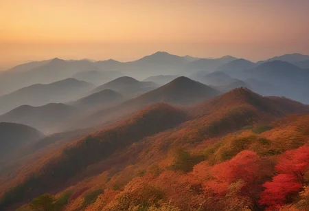 Seoraksan Mountain bathed in the warm glow of autumn, vibrant foliage in shades of orange, red, and yellow, nestled in the foothills, mist weaving through the valleys, majestic peaks in the background under a soft, hazy light, golden hour, high dynamic range photography, luminescent ceosome lighting, crisp autumnal atmosphere, ultra fine details.