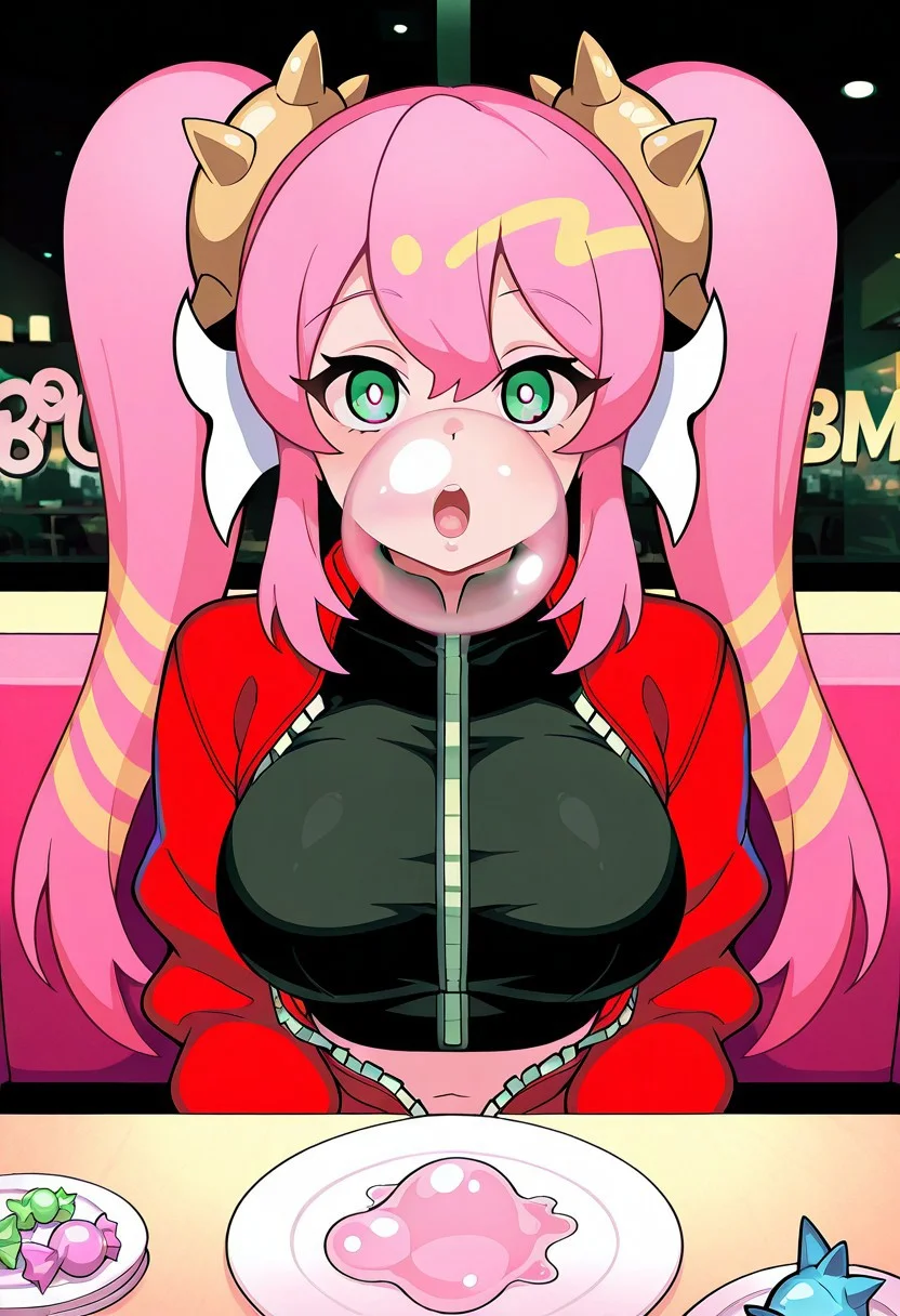 1girl, LiveTwinKi-sikilYu-Gi-Oh,, general, solo, pov dating, straight-on, long hair, pink hair, twintails, large breasts, spike, red jacket, open jacket, crop top, dating, sitting, looking at viewer, restaurant, table, candy on plate, masterpiece, best quality, amazing quality,),<lora:kp_LiveTwinKi-sikilLil-laYu-Gi-OhIllustrious_v1_0:1.0>, ((( open mouth blowing pink bubblegum bubble ))