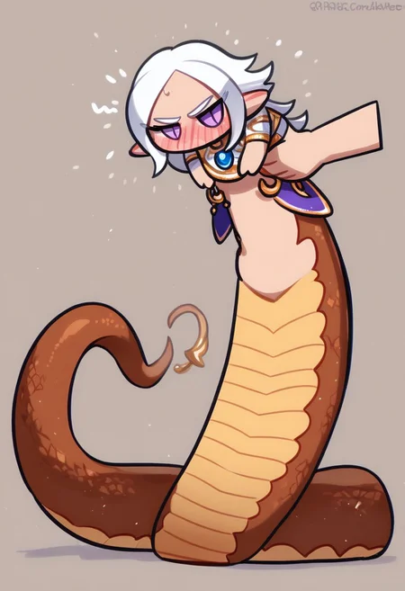 score_9, score_8_up,(1 huge lamia:1.2),long white hair,(long body:1.2),(long tail:1.3),white eyelashes,purple eyes,mature woman,jewelry,exotic clothes,full body,chibi,embarrassed expression,solo,angry,mean face,(holding person:1.2),IncrsXLLCM, forest background,<lora:LongCatMeme_XLPD:1>