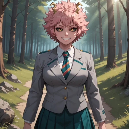 score_9, score_8, BREAK, solo, Mina_Ashido_(My_Hero_Academia), 1girl, pink skin, pink skin female, colored skin, pink hair, horns, yellow eyes, black sclera, colored sclera, grey jacket, pleated skirt, white shirt, necktie, black socks, brown shoes, self portrait, smile, looking at viewer, outdoors, sunlight, shadows, evening lighting, natural lighting, forest, trees, grass, orange sky, sunset