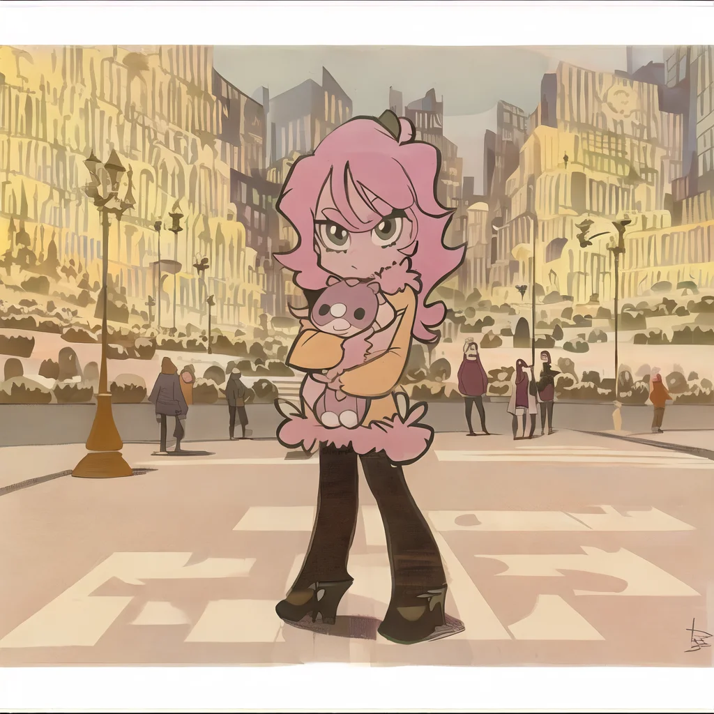 a cartoon drawing of a girl in front of a city, pansto art style,