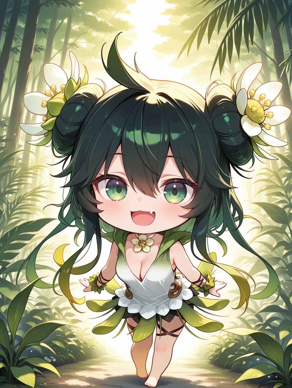 plant girl,traptrix vesiculo,1girl,solo,fang,smile,looking at viewer,open mouth,cleavage,:d,full body,double bun,white hair flower,white flower choker,green sleeveless dress,green wrist scrunchie,black skirt,black thigh strap,chibi,barefoot,nature, 
masterpiece,best quality,amazing quality,very aesthetic,absurdres,newest,<lora:Traptrix Vesiculo illuXL v1:0.7>,