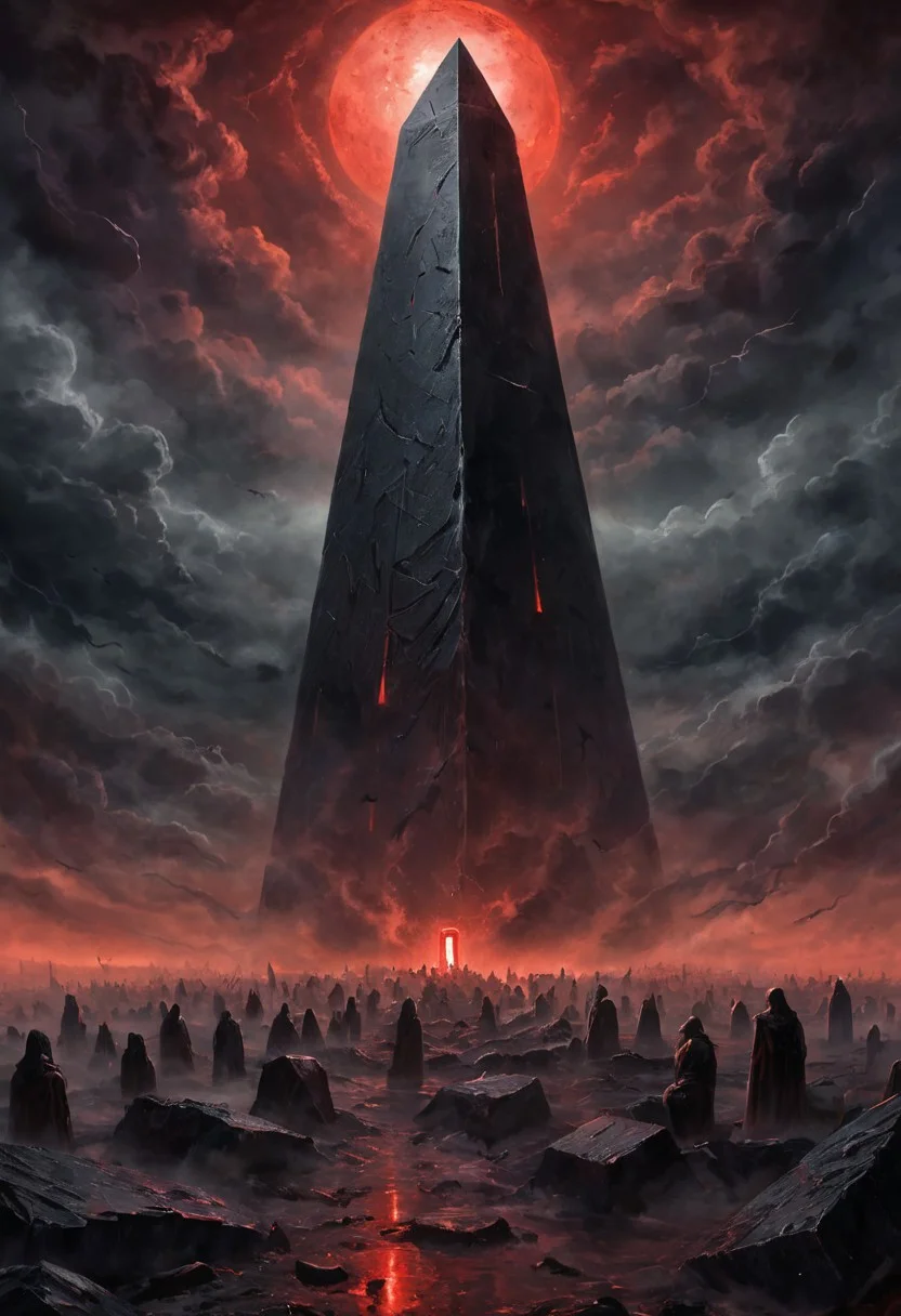 close view on obsidian obelisk, horror atmosphere, something lurks in the dark, sphere in the sky many eyes looking from it, dark night, very busy sky, storm, dim fog, atmospheric, (red glow), romantic impressionism, absurdres, scenery art, matte painting, horror, beautiful digital painting, anime landscape, scary painting, paintlike, dreamy,