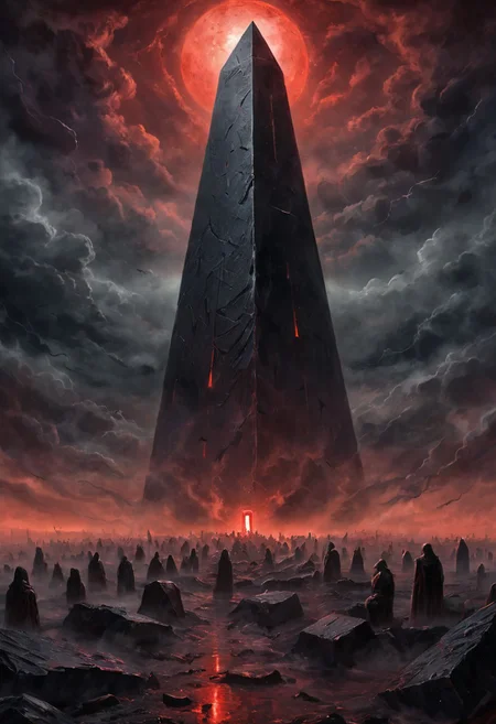 close view on obsidian obelisk, horror atmosphere, something lurks in the dark, sphere in the sky many eyes looking from it, dark night, very busy sky, storm, dim fog, atmospheric, (red glow), romantic impressionism, absurdres, scenery art, matte painting, horror, beautiful digital painting, anime landscape, scary painting, paintlike, dreamy,