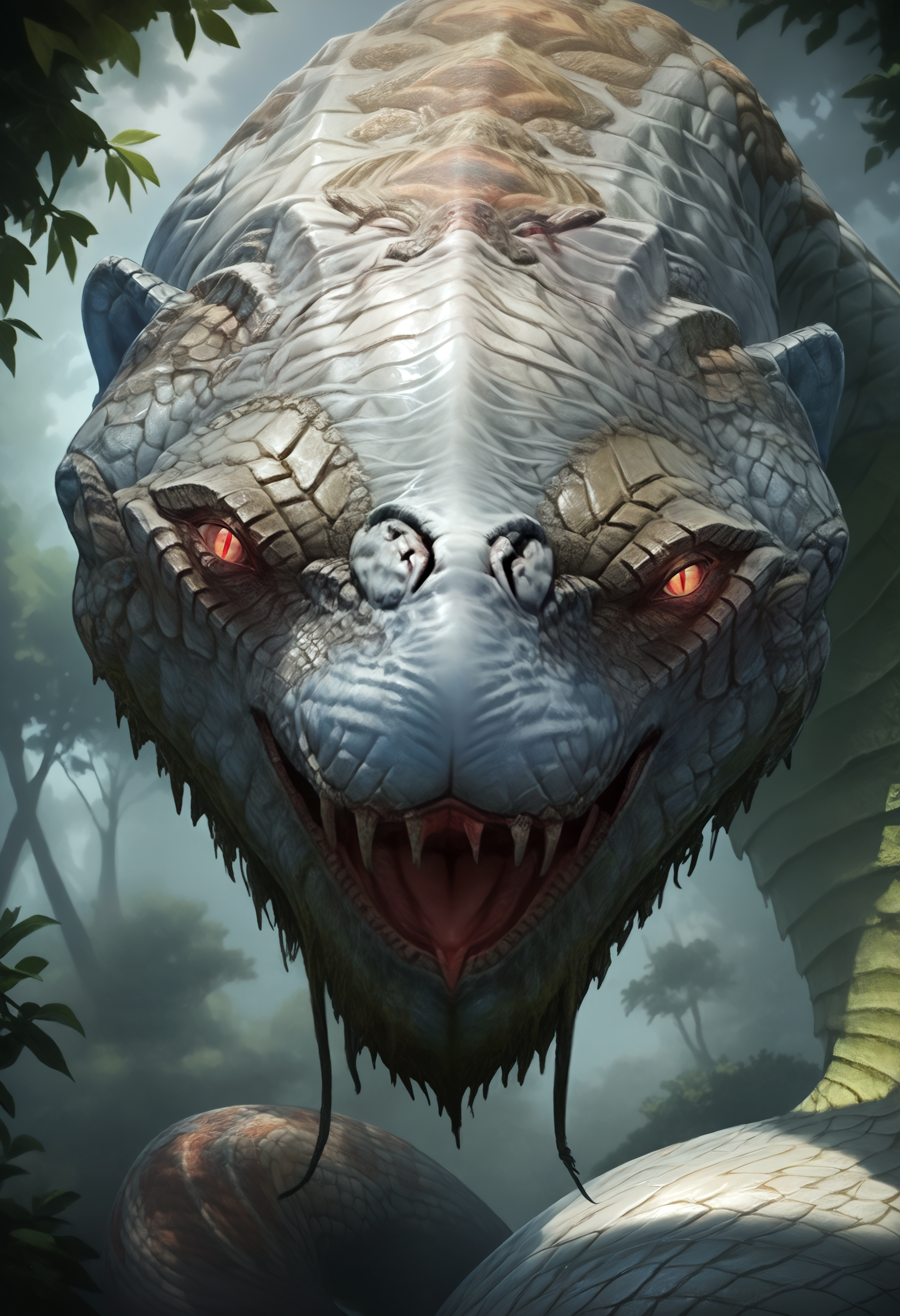 score_9, score_8_up, score_7_up, 8k, detailed design, detailed background, detailed characters, masterpiece, anthro only, furry only, 1boy, solo,  <lora:Jormungandr-000002>, Jormungandr, snake, scales, monster, white skin, glowing eyes, red eyes, looking at viewer, open mouth, in a forest, full body,
